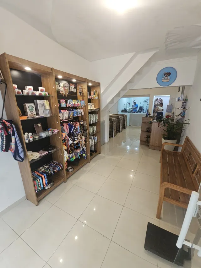 Interior da loja com prateleiras de madeira cheias de produtos para pets e piso claro